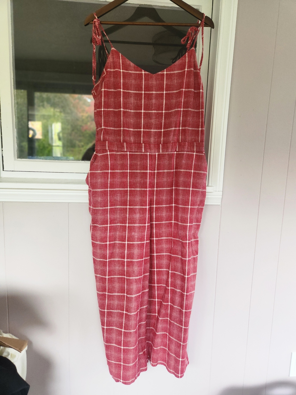 Madewell Red Plaid Tie-Shoulder Wide-Leg Jumpsuit